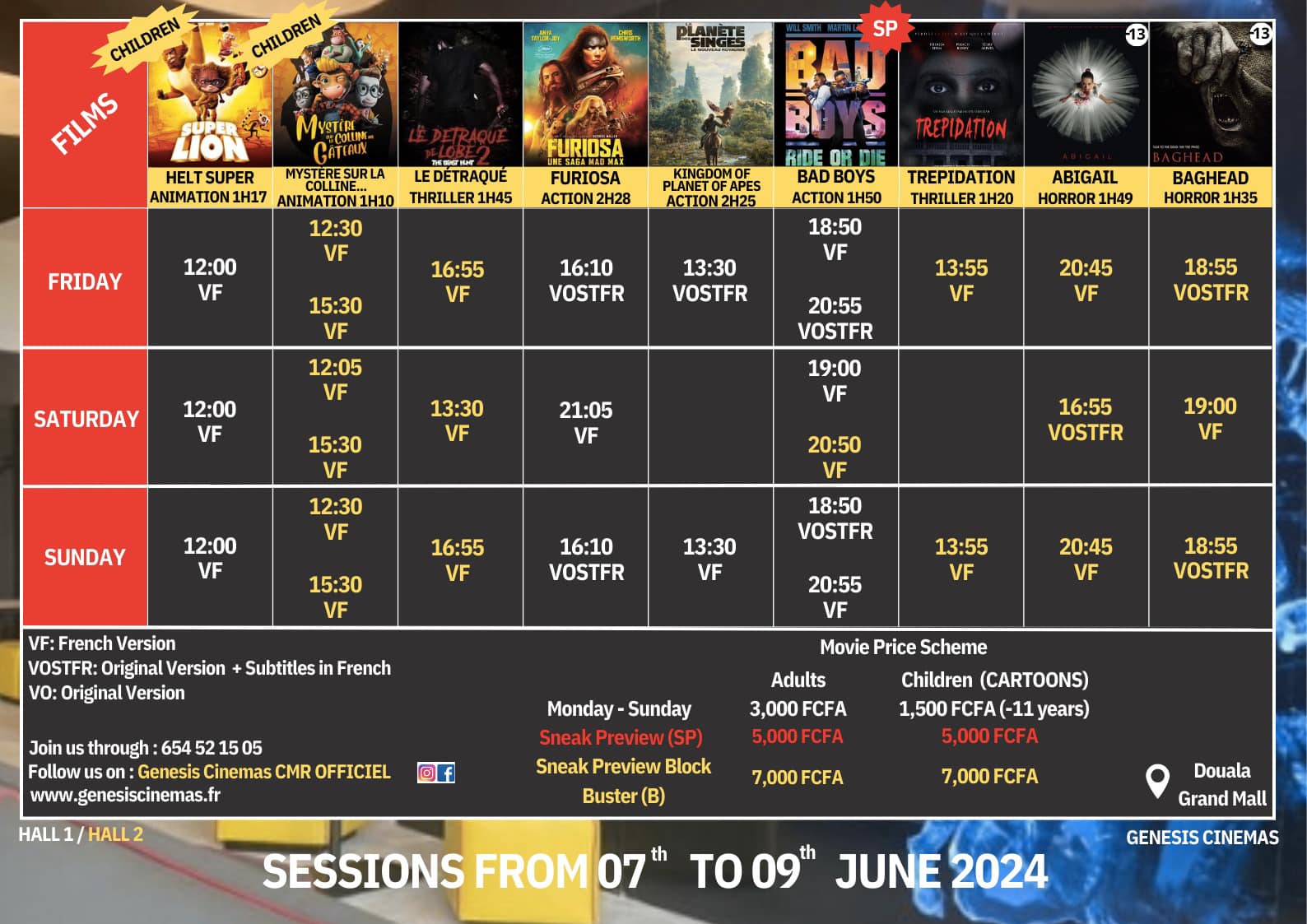 Découvrez la liste des films à l’affiche et le programme hebdomadaire des projections dans la salle de <b>Genesis Cinéma Grand Mall</b>