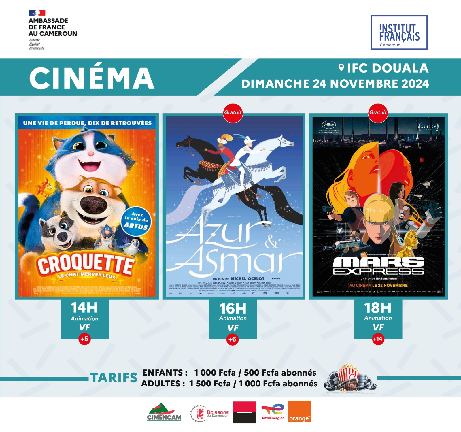 Discover the list of movies showing and the weekly screening schedule at the <b>Institut Français Du Cameroun Douala</b> theater