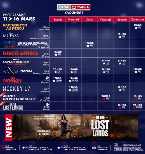 Discover the list of movies showing and the weekly screening schedule at the <b>CanalOlympia Yaoundé 1</b> theater