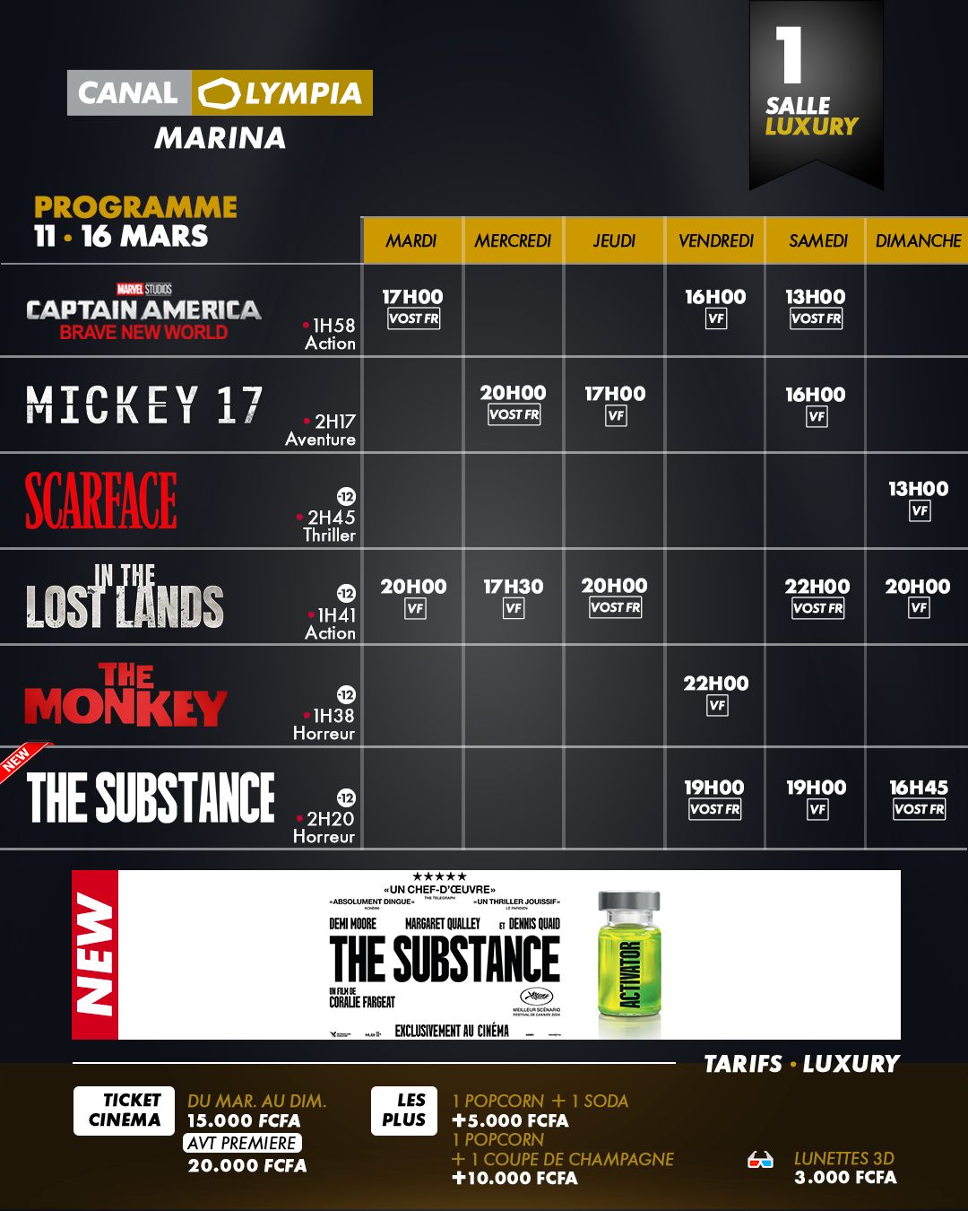 Discover the list of movies showing and the weekly screening schedule at the <b>CanalOlympia Marina</b> theater