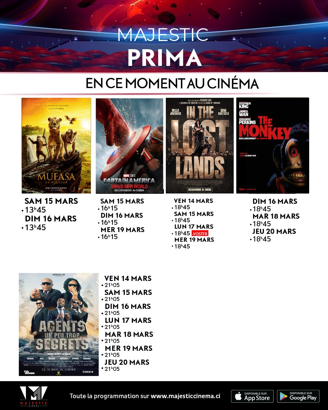 Découvrez la liste des films à l’affiche et le programme hebdomadaire des projections dans la salle de <b>MAJESTIC PRIMA</b>