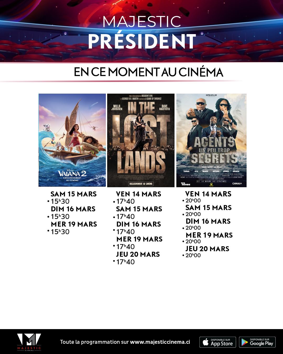 Discover the list of movies showing and the weekly screening schedule at the <b>Majestic president</b> theater