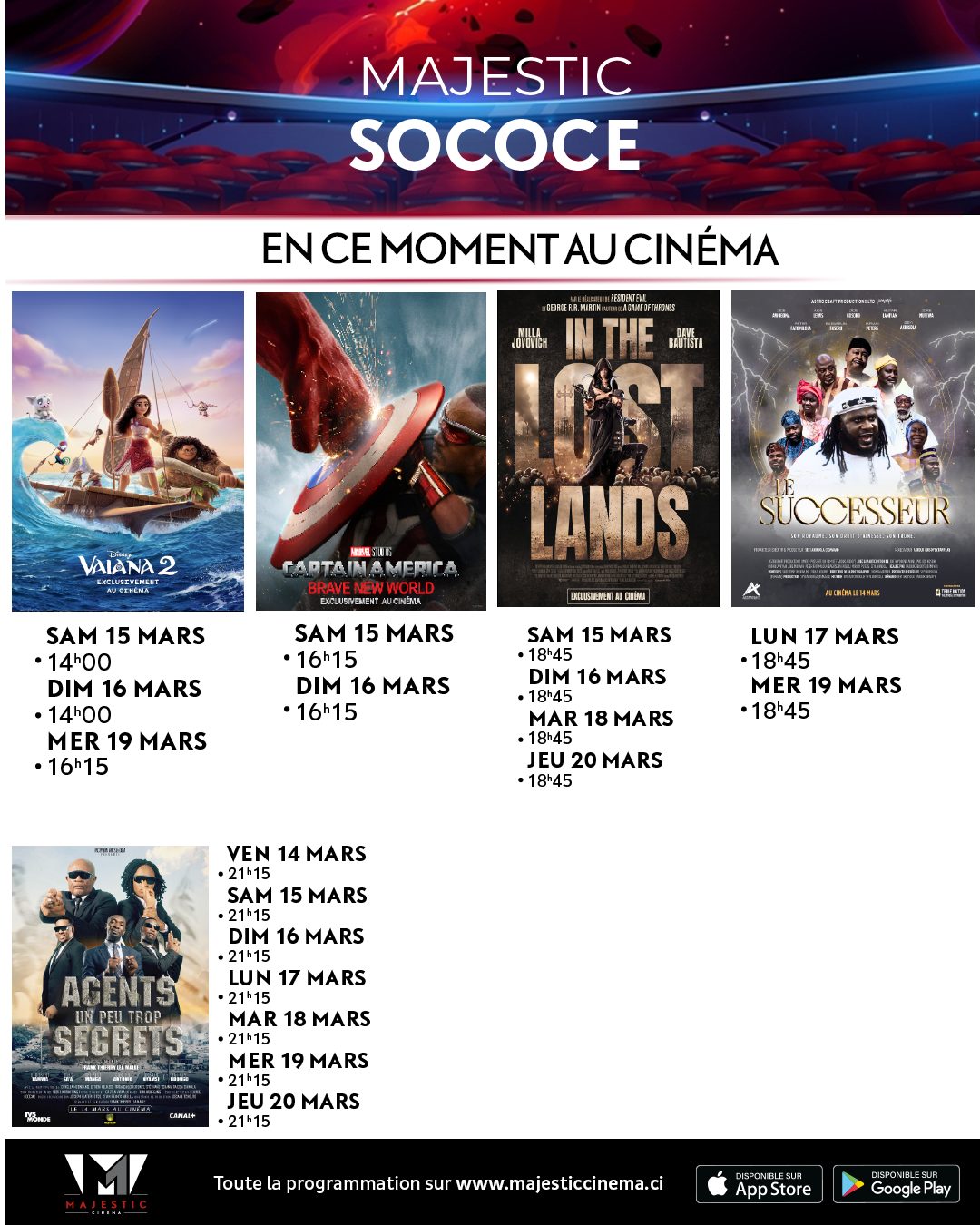 Découvrez la liste des films à l’affiche et le programme hebdomadaire des projections dans la salle de <b>Majestic Cinéma - Sococe</b>