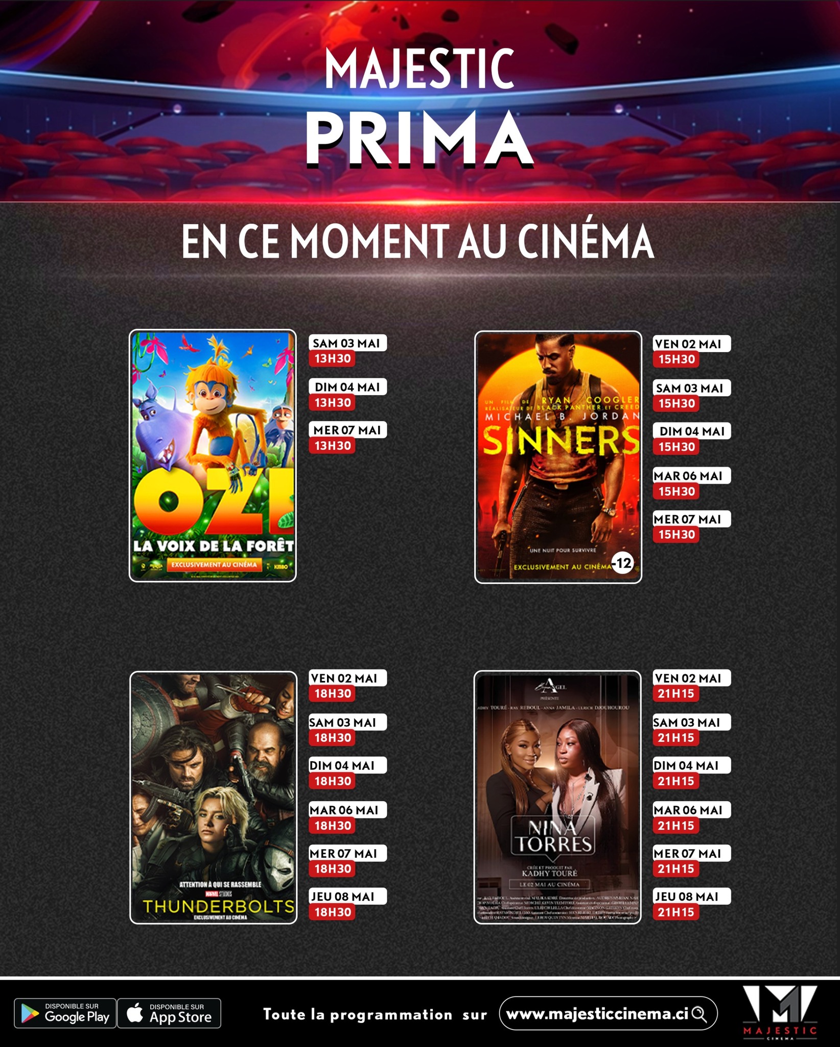 Découvrez la liste des films à l’affiche et le programme hebdomadaire des projections dans la salle de <b>MAJESTIC PRIMA</b>