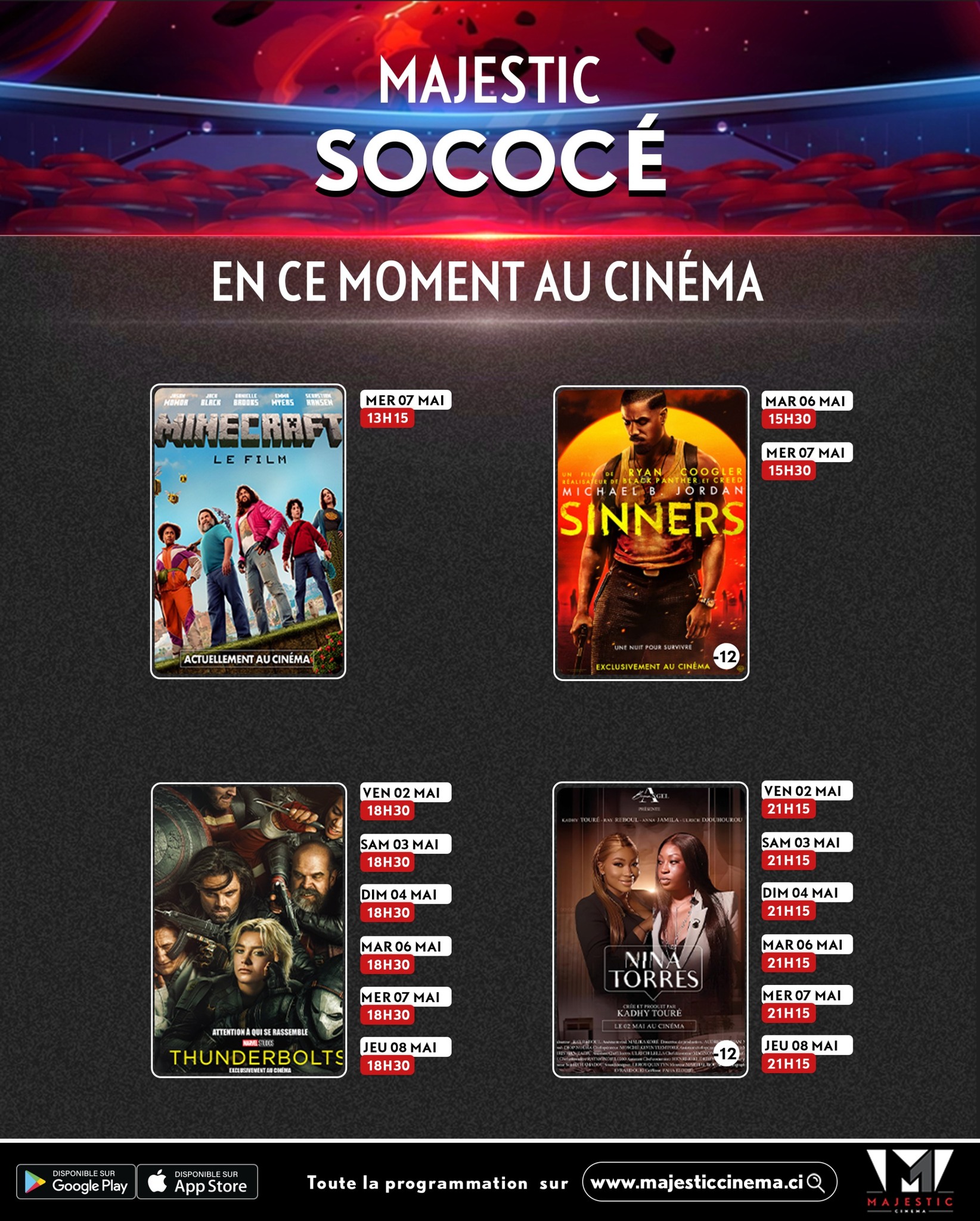 Découvrez la liste des films à l’affiche et le programme hebdomadaire des projections dans la salle de <b>Majestic Cinéma - Sococe</b>