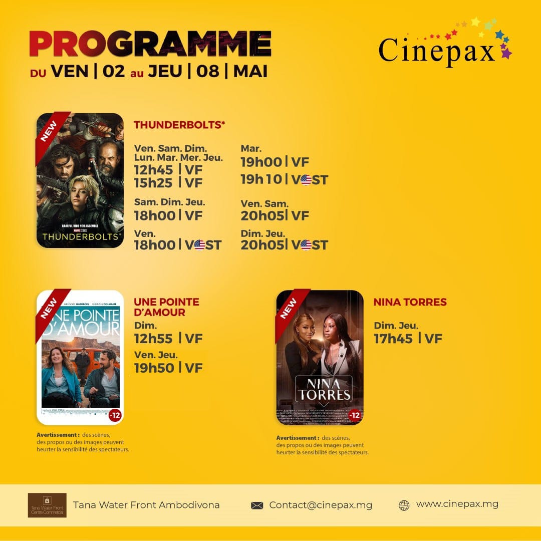 Discover the list of movies showing and the weekly screening schedule at the <b>Cinepax Madagascar</b> theater