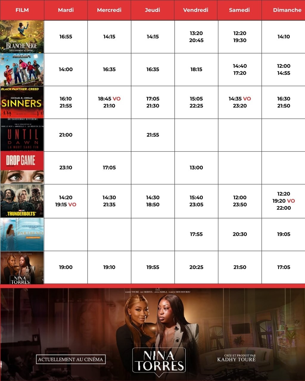 Découvrez la liste des films à l’affiche et le programme hebdomadaire des projections dans la salle de <b>SEANEMA - Cinema du Sea Plaza Dakar</b>