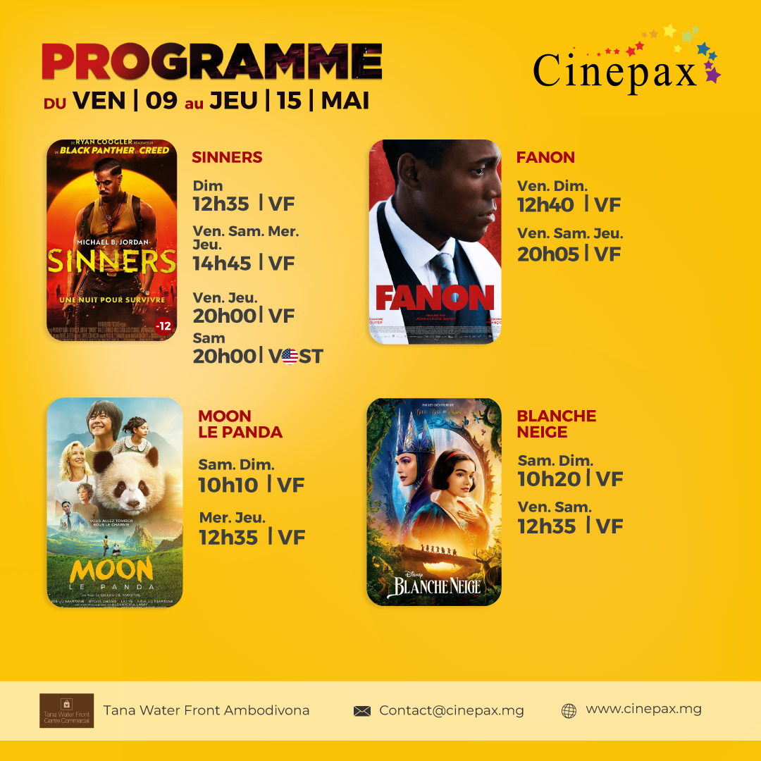 Découvrez la liste des films à l’affiche et le programme hebdomadaire des projections dans la salle de <b>Cinepax Madagascar</b>