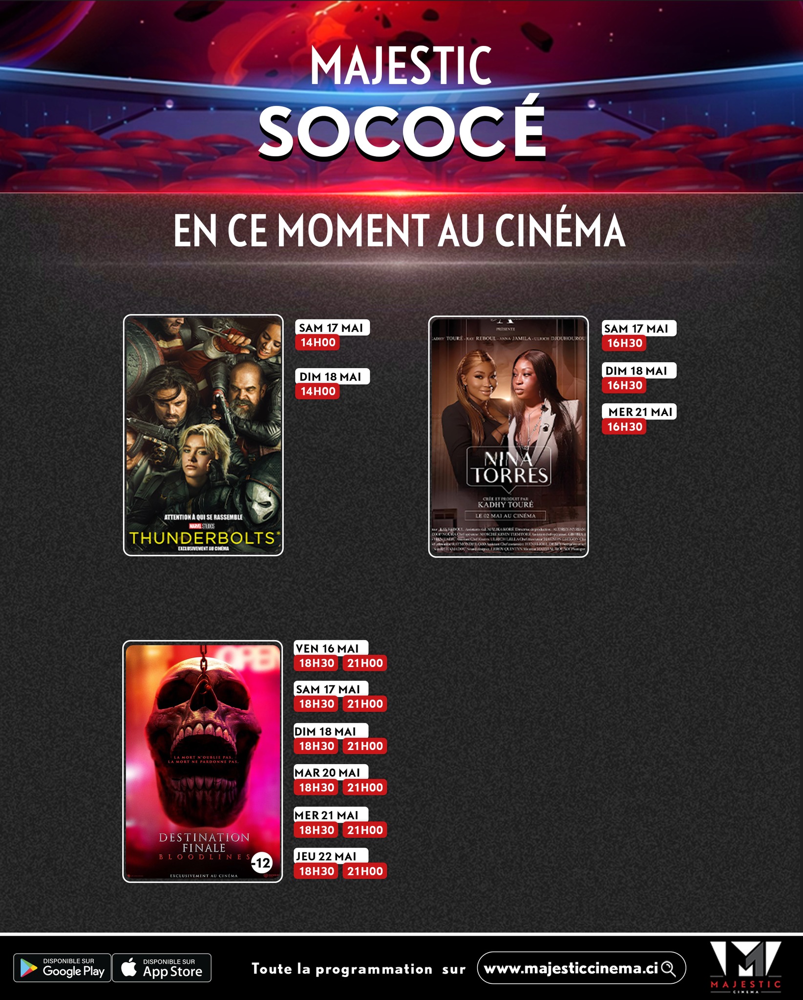 Découvrez la liste des films à l’affiche et le programme hebdomadaire des projections dans la salle de <b>Majestic Cinéma - Sococe</b>