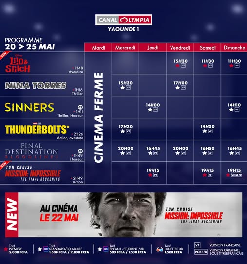 Découvrez la liste des films à l’affiche et le programme hebdomadaire des projections dans la salle de <b>CanalOlympia Yaoundé 1</b>