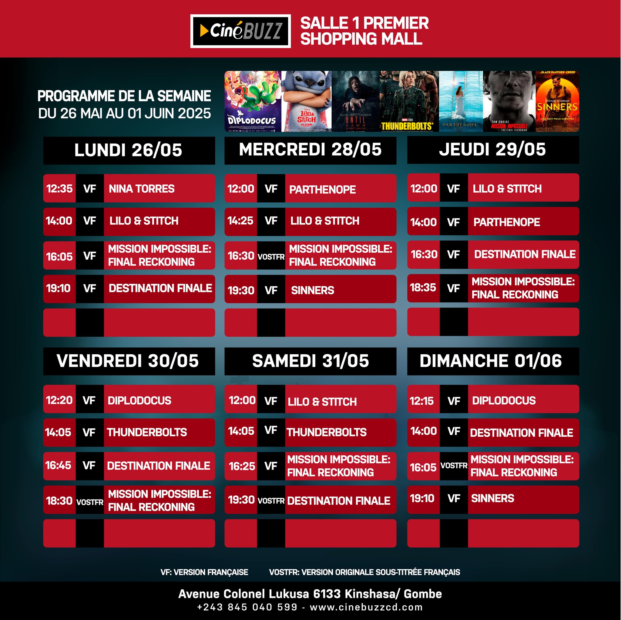 Découvrez la liste des films à l’affiche et le programme hebdomadaire des projections dans la salle de <b>CINEBUZZ</b>