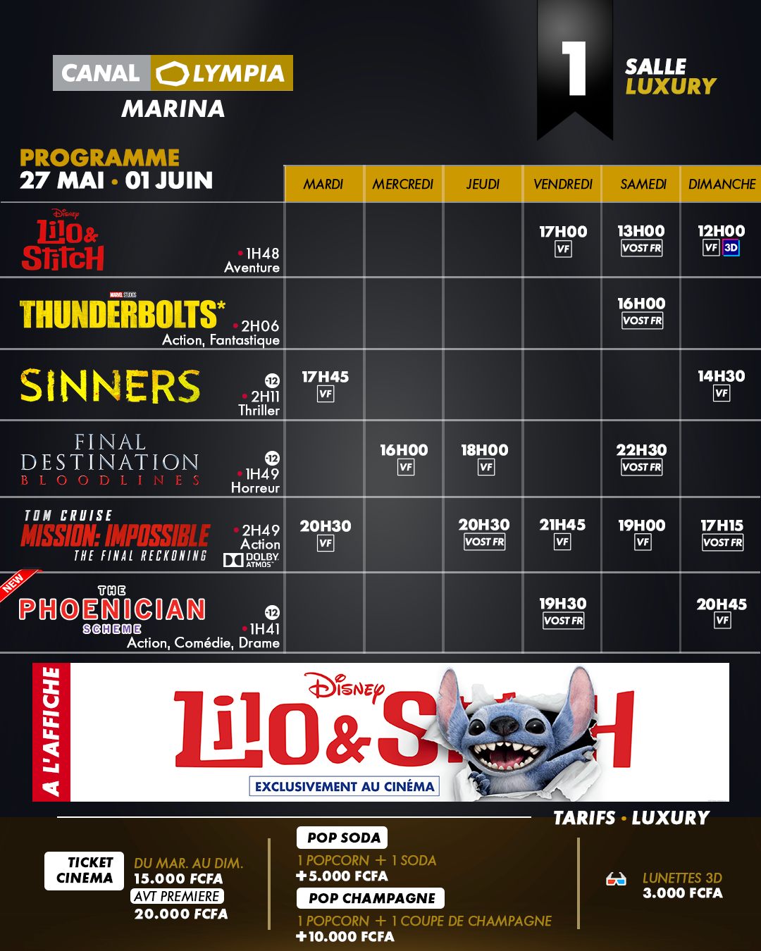 Discover the list of movies showing and the weekly screening schedule at the <b>CanalOlympia Marina</b> theater