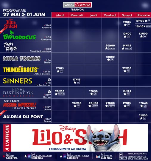 Discover the list of movies showing and the weekly screening schedule at the <b>Canal Olympia Teranga</b> theater