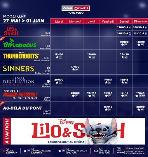 Discover the list of movies showing and the weekly screening schedule at the <b>CanalOlympia Poto-Poto</b> theater