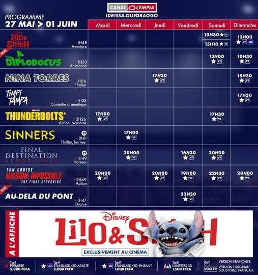 Découvrez la liste des films à l’affiche et le programme hebdomadaire des projections dans la salle de <b>CanalOlympia Idrissa Ouédraogo</b>