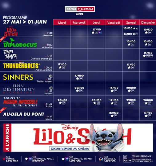 Découvrez la liste des films à l’affiche et le programme hebdomadaire des projections dans la salle de <b>CanalOlympia Midè</b>