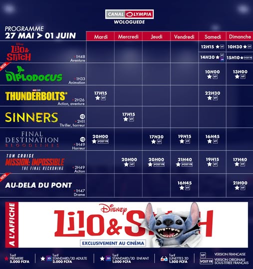 Discover the list of movies showing and the weekly screening schedule at the <b>CanalOlympia Wologuédé</b> theater