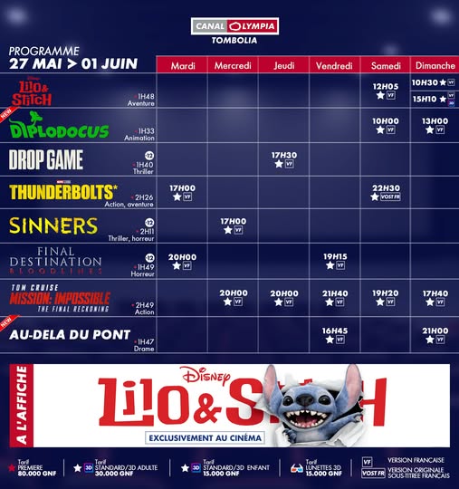 Discover the list of movies showing and the weekly screening schedule at the <b>CanalOlympia Tombolia</b> theater