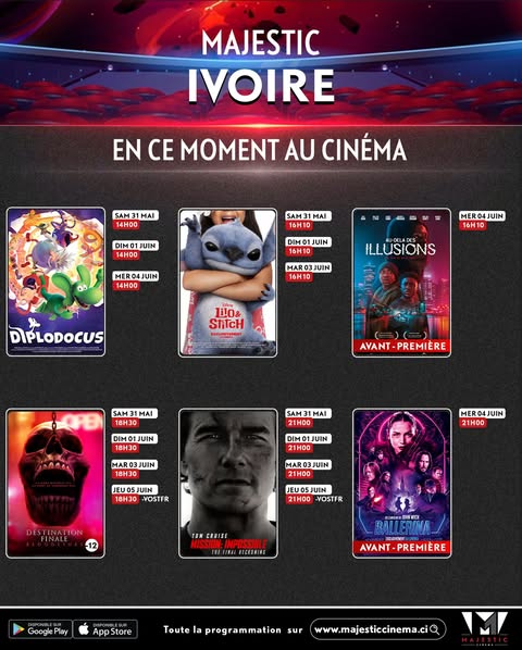 Discover the list of movies showing and the weekly screening schedule at the <b>Majestic Cinéma - Ivoire</b> theater