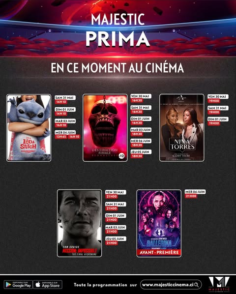 Discover the list of movies showing and the weekly screening schedule at the <b>MAJESTIC PRIMA</b> theater