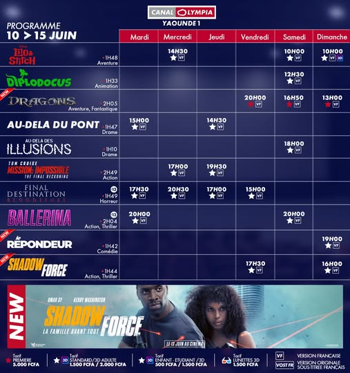 Découvrez la liste des films à l’affiche et le programme hebdomadaire des projections dans la salle de <b>CanalOlympia Yaoundé 1</b>