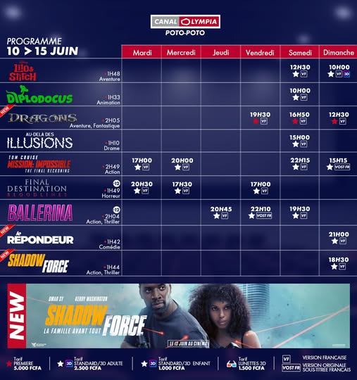 Découvrez la liste des films à l’affiche et le programme hebdomadaire des projections dans la salle de <b>CanalOlympia Poto-Poto</b>