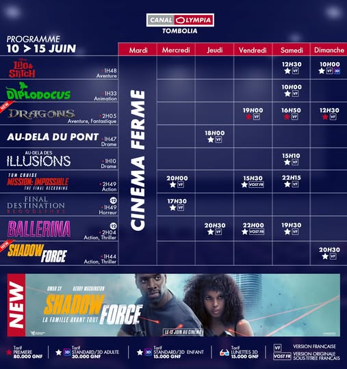 Découvrez la liste des films à l’affiche et le programme hebdomadaire des projections dans la salle de <b>CanalOlympia Tombolia</b>