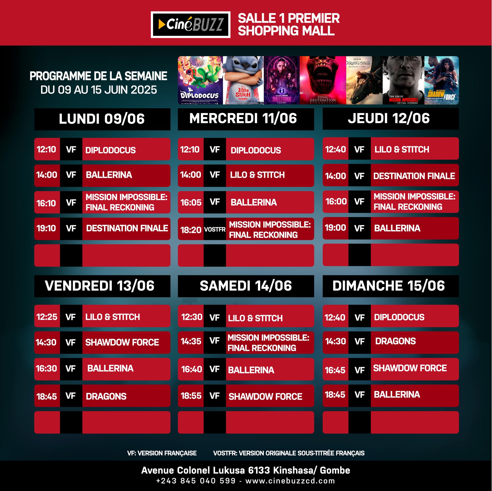 Découvrez la liste des films à l’affiche et le programme hebdomadaire des projections dans la salle de <b>CINEBUZZ</b>