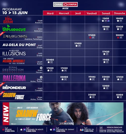 Découvrez la liste des films à l’affiche et le programme hebdomadaire des projections dans la salle de <b>CanalOlympia Midè</b>