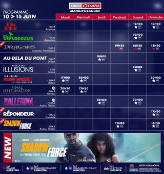 Découvrez la liste des films à l’affiche et le programme hebdomadaire des projections dans la salle de <b>CanalOlympia Mandji’Ozangué</b>