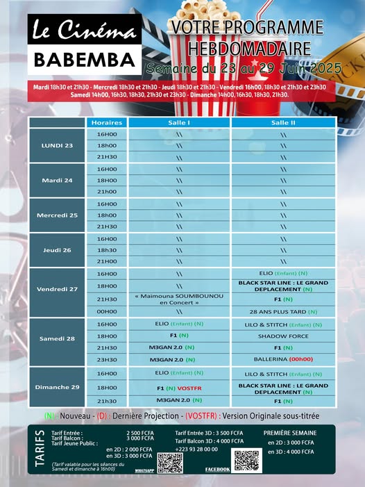 Découvrez la liste des films à l’affiche et le programme hebdomadaire des projections dans la salle de <b>Cinéma Babemba </b>