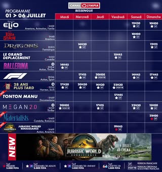 Discover the list of movies showing and the weekly screening schedule at the <b>CanalOlympia Bessengue</b> theater