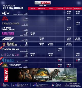 Découvrez la liste des films à l’affiche et le programme hebdomadaire des projections dans la salle de <b>CanalOlympia Godopé</b>