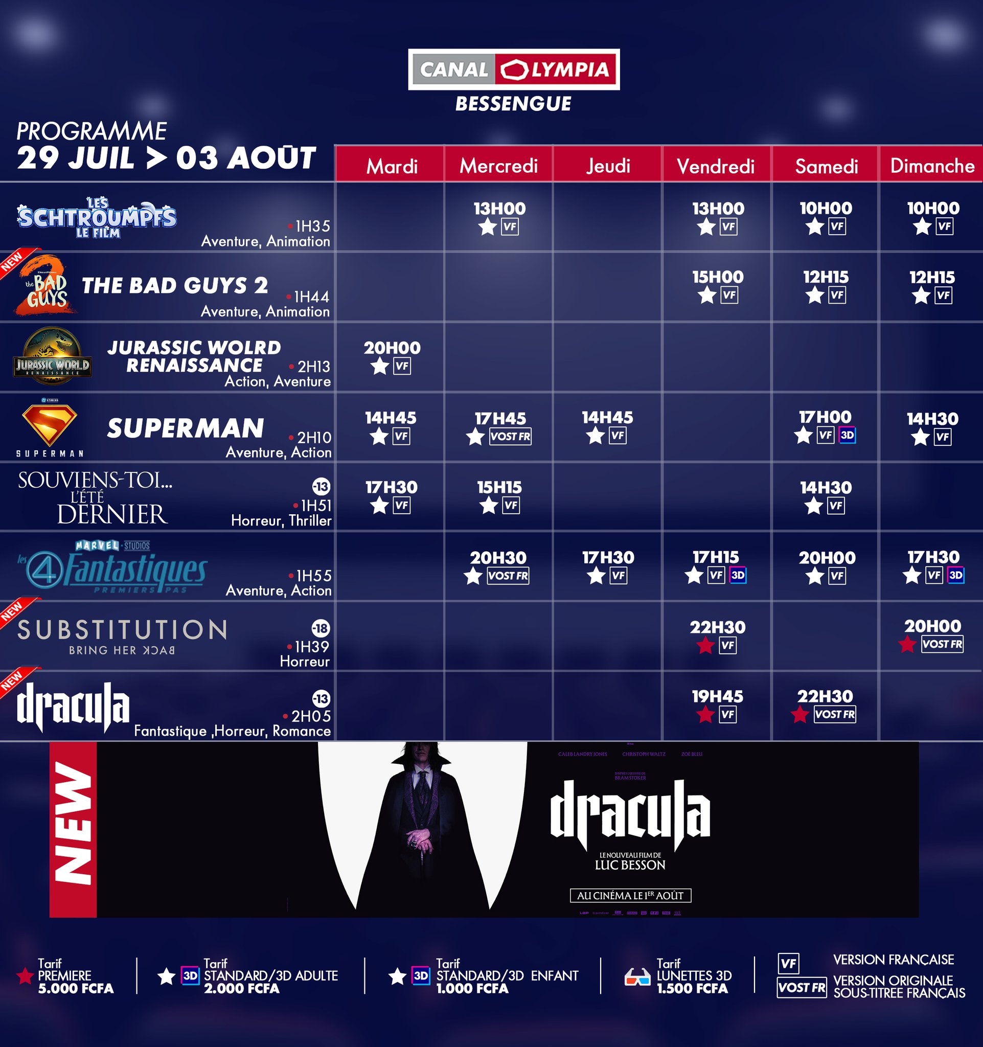 Découvrez la liste des films à l’affiche et le programme hebdomadaire des projections dans la salle de <b>CanalOlympia Bessengue</b>